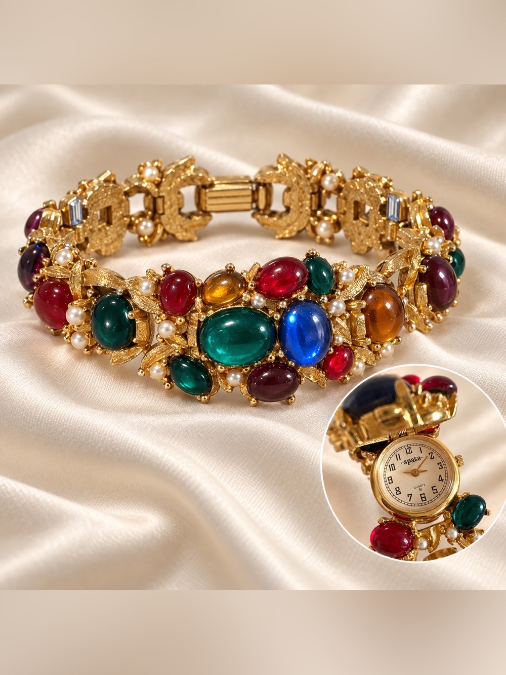 Rare Spats Jewel-Tone Cabochon Peekaboo Secret Watch Bracelet